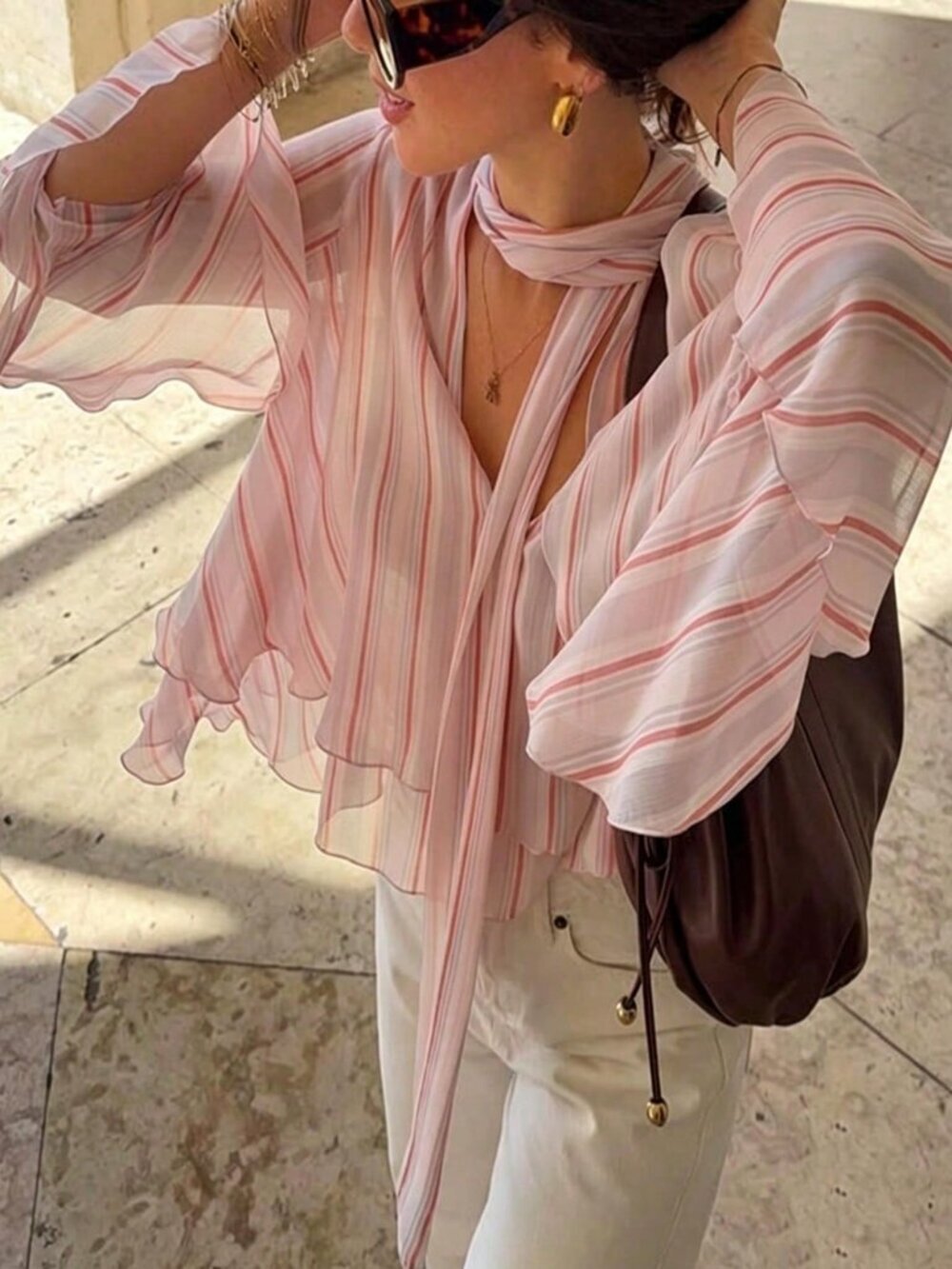 Baby Pink Casual Women's Striped Chiffon Blouse with Ruffle Trim